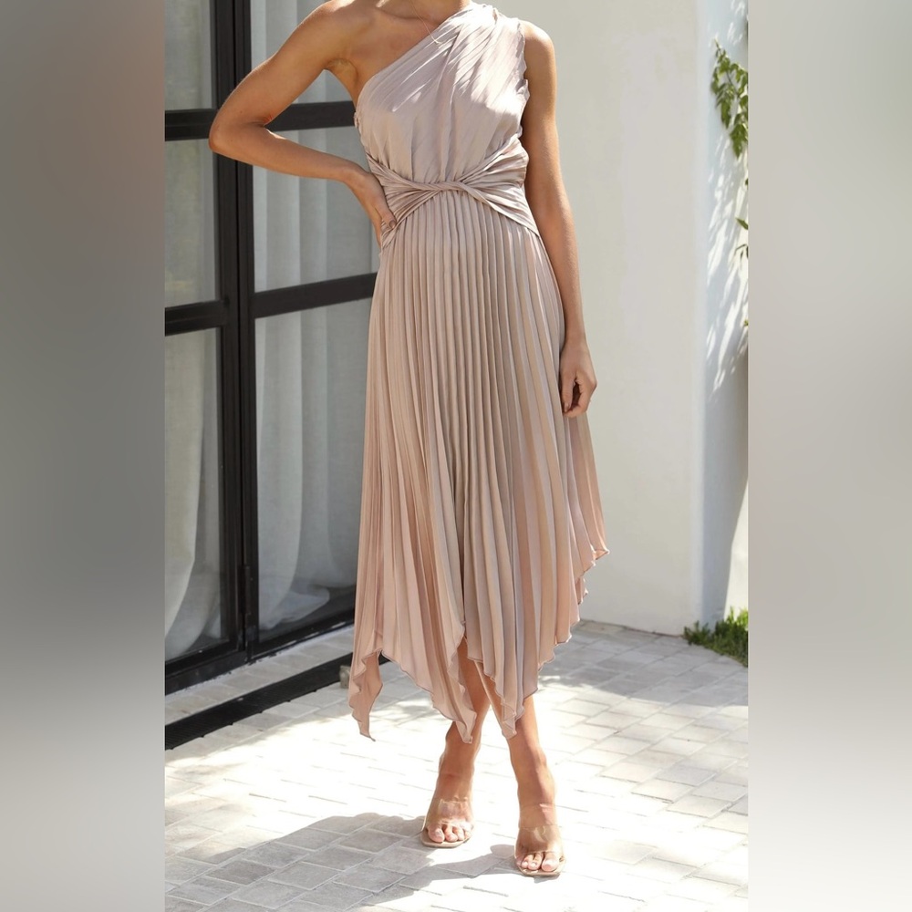 One Shoulder Pleated Cream Satin Dress